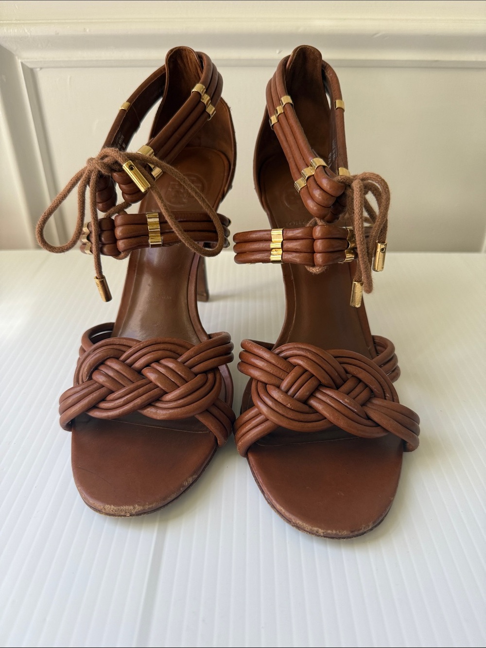 Tory Burch Brown Braided Leather Ankle-Tie Heels Size 8.5M
